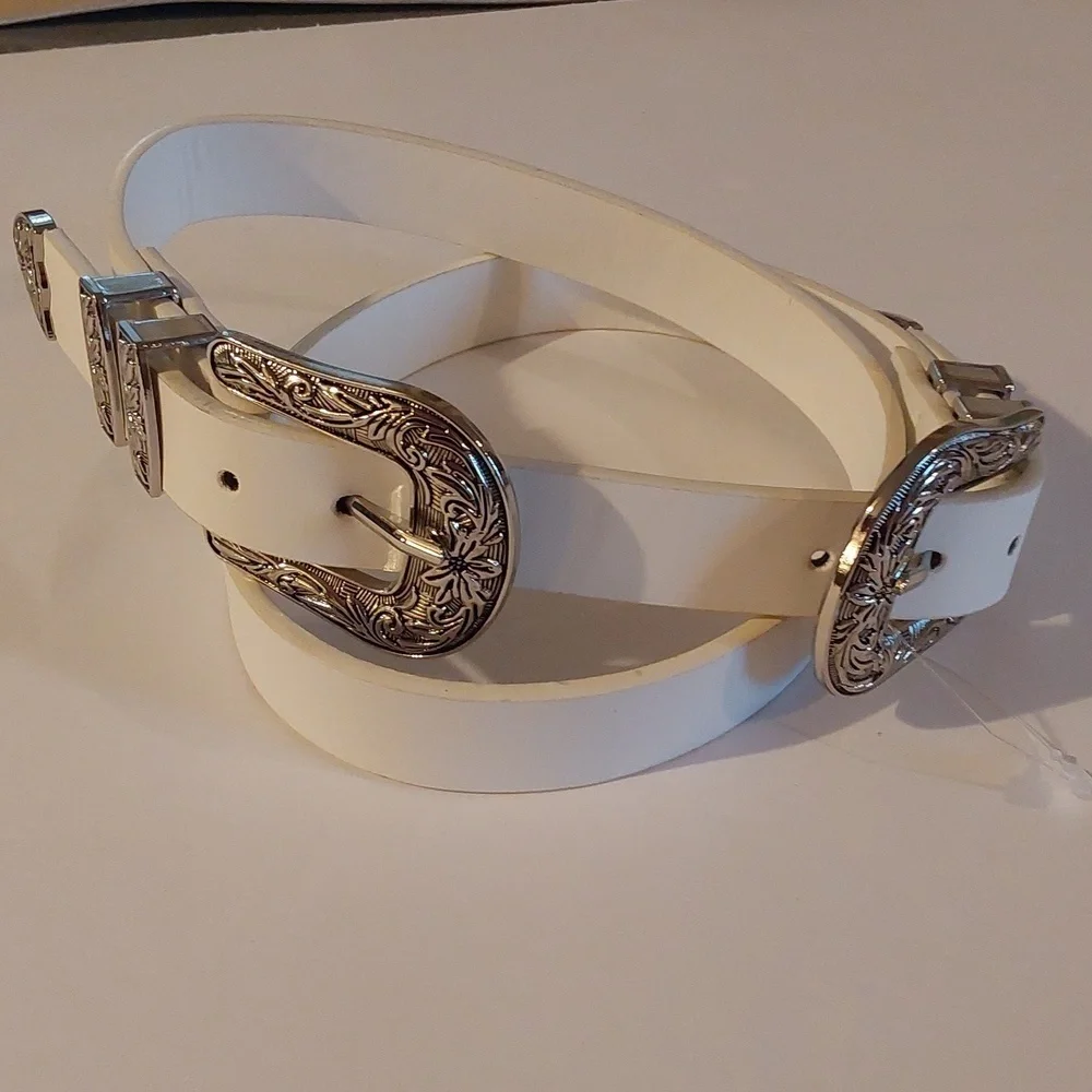 Women's Vintage look Double Silver Scroll Buckle White Belt Western Trendy M/L